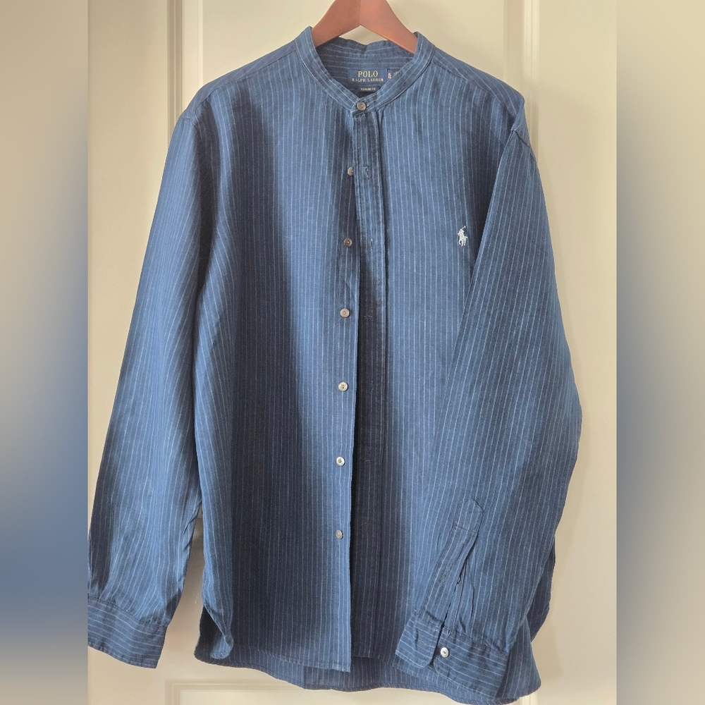 Vintage Ralph Lauren Men's Navy Pinstripe Linen Shirt Jacket